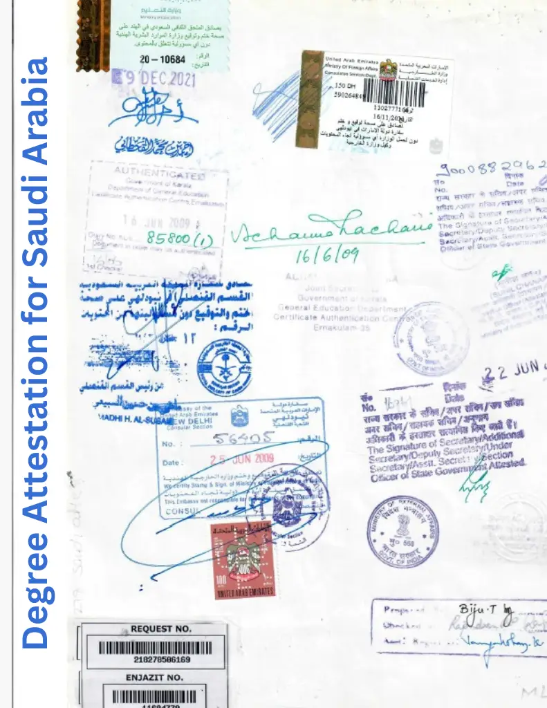 Degree certificate with official stamps and seals for Saudi Arabia attestation including MOFA, embassy, and notary approvals